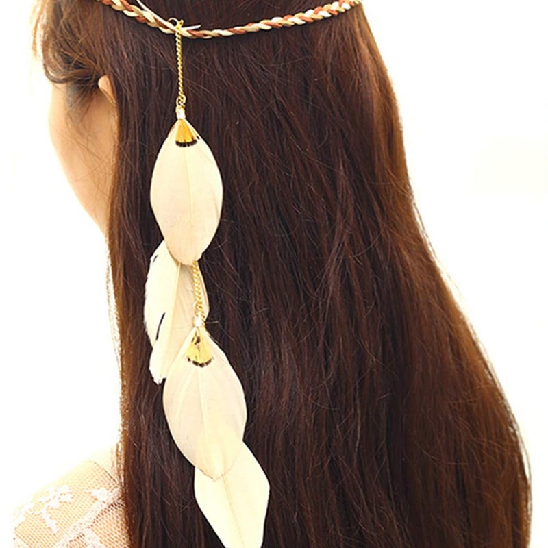WLBON Feather Headband Hippie Indian Boho Hair Bands Tassel Bohemian Halloween Hair Hoop Women Crown Hairband Party Decoration Headdress Cosplay Costume Headwear Headpiece Handmade Hair Accessories Khaki - Image 4
